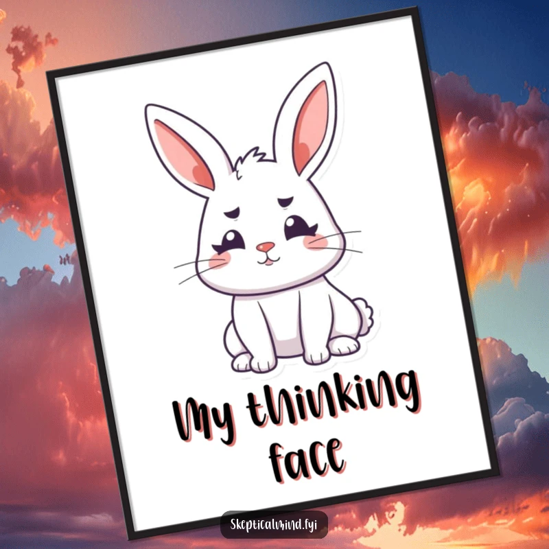 Funny bunny digital art print of a perky rabbit with ears perked, head cocked, and furrowed brows, symbolizing curiosity.