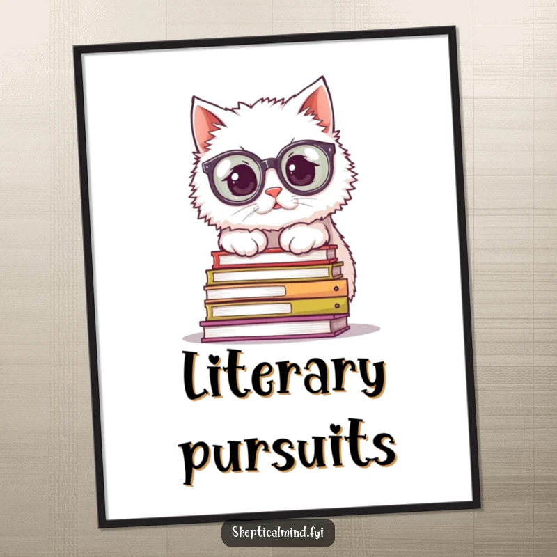 Funny Digital Art Print: A fluffy white cat wearing large spectacles peers over a pile of books, embodying scholarly humor and charm.