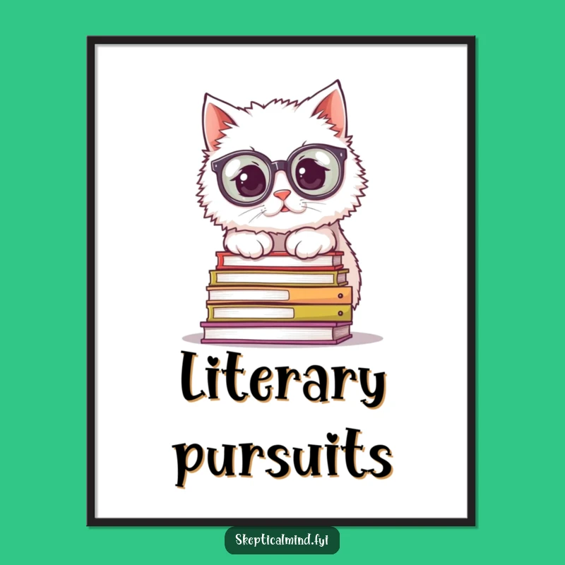 Funny Cat Digital Art: High-res print of bookish cat with glasses, instant decor gift.