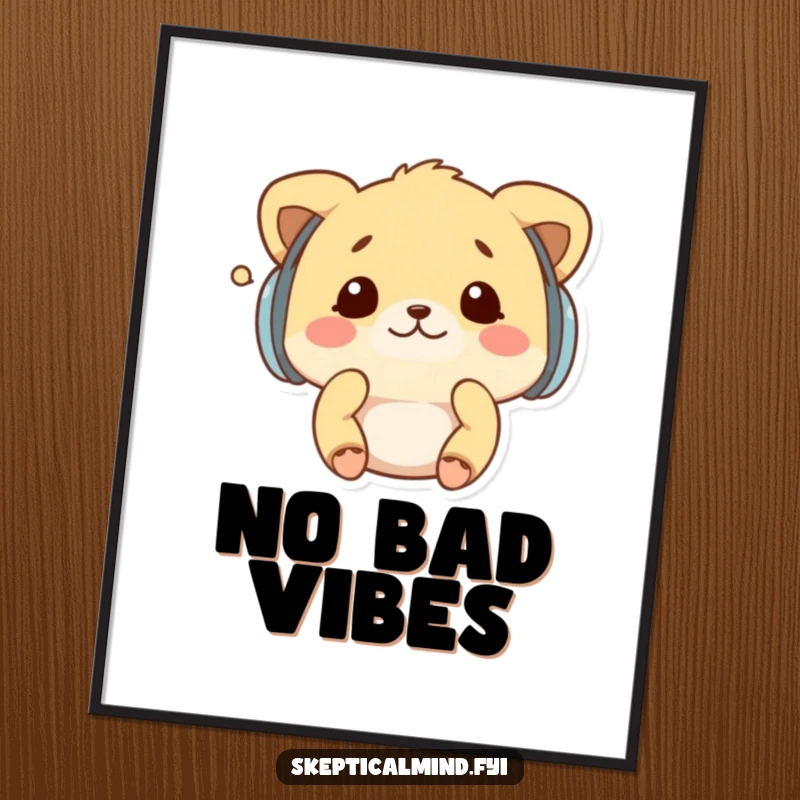 Funny digital art of a kawaii animal wearing earmuffs, shaking its head at a whisper, conveying humorous peace and quiet.