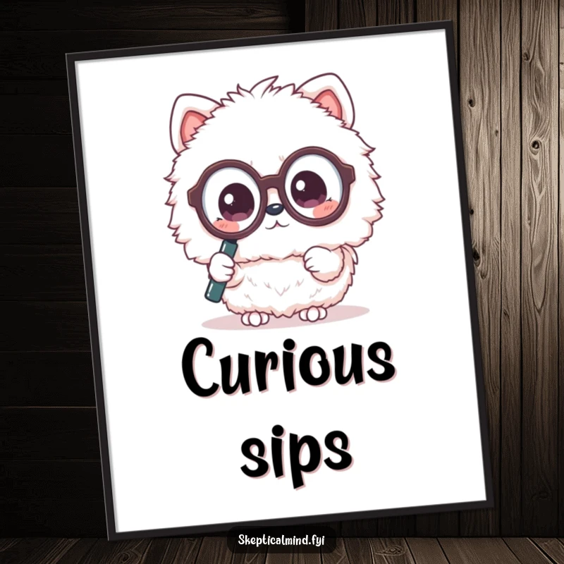 Funny digital art print of a fluffy Kawaii animal in oversized glasses, looking through a magnifying glass with a questioning expression. Instant humor.