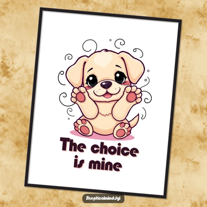 Funny digital art print: A playful puppy with paws raised, surrounded by swirling lines of indecision, looking adorably overwhelmed.