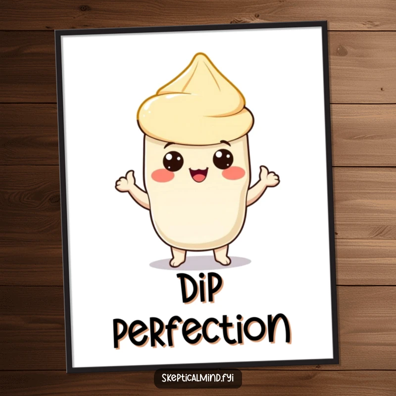 Funny digital art print of a proud sour cream character presenting a chip, offering instant humor and decoration for any space.