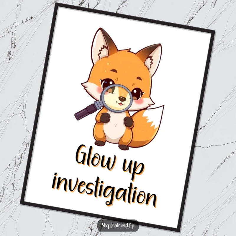 Funny Digital Art Print of a curious fox character intently examining a tiny glowing object with a magnifying glass, embodying wonder and discovery.