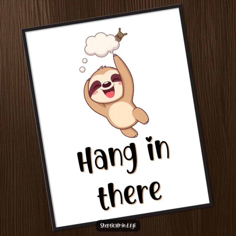 Funny giggling sloth digital art print of a sloth dangling upside down with a thought bubble, ready to hang.