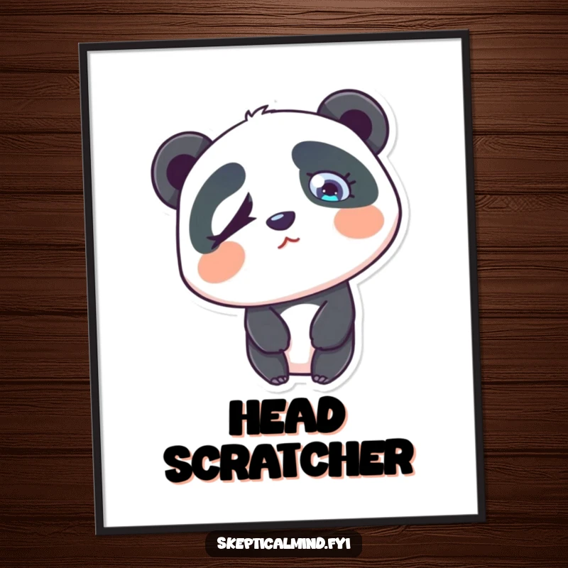 Funny confused panda digital art print of a panda tilting its head, one eyebrow raised in a curious manner.