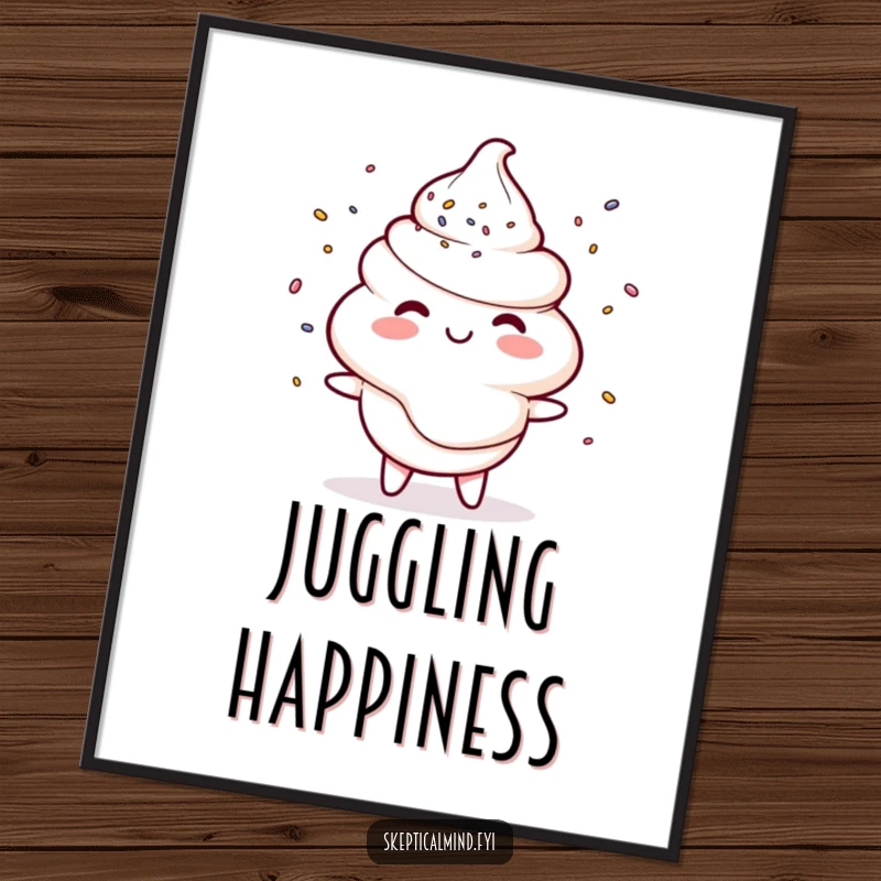 Funny digital art print of a smiling sour cream dollop character juggling tiny sprinkles, symbolizing humorous sweetness.