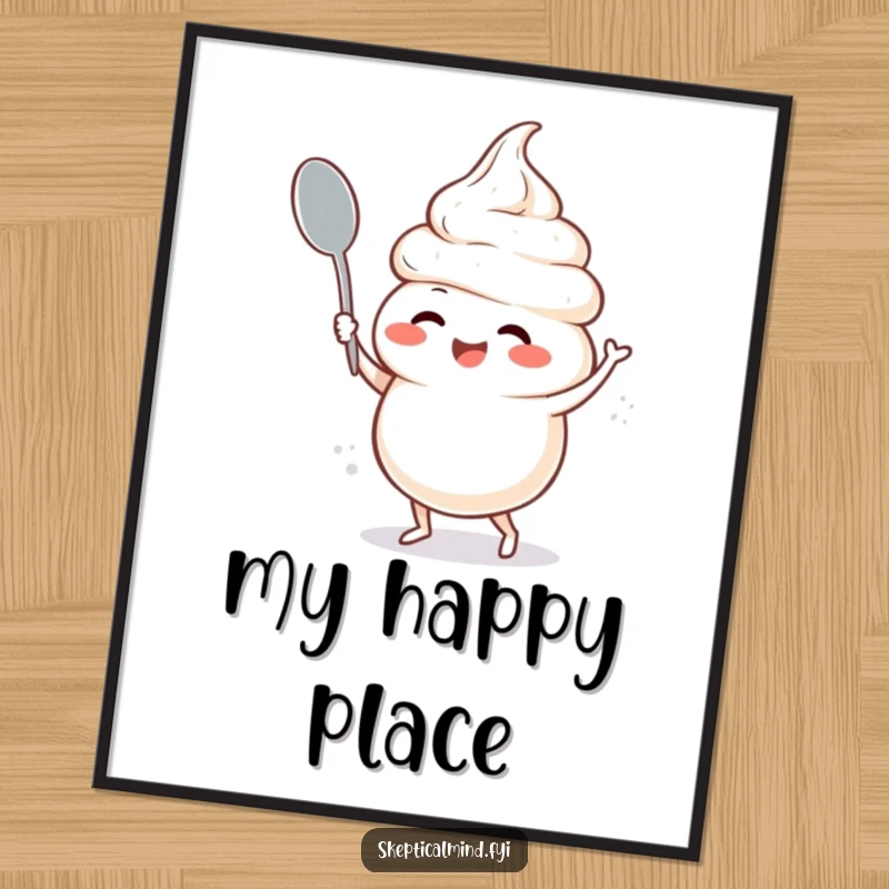 Funny digital art print capturing a giggling sour cream character joyfully dancing with a spoon, radiating infectious silliness and charm.