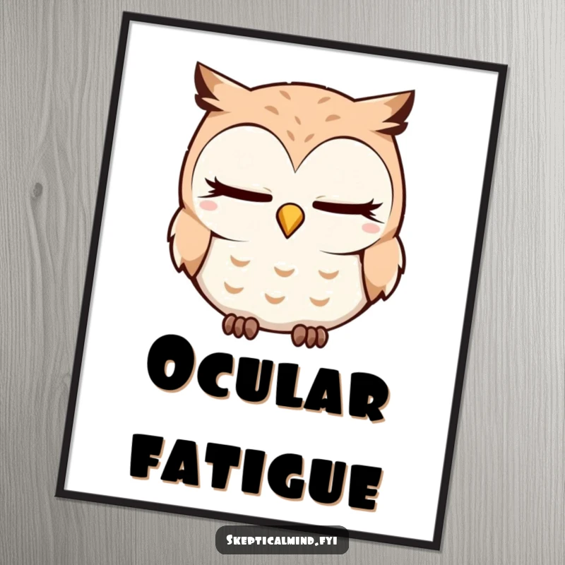 Funny Digital Art Print of a sleepy owl character blinking slowly with a quizzical head tilt, evoking peaceful contemplation.