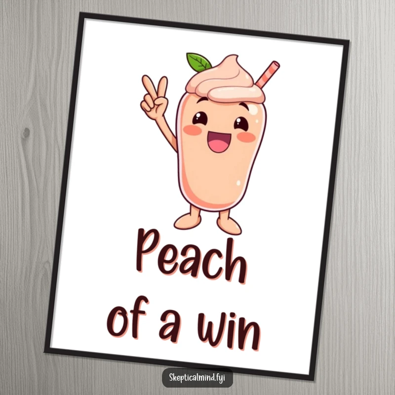 Funny digital art print of an excited peach smoothie character striking a victory pose, ready to inspire and motivate.