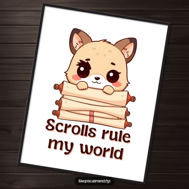 Funny Kawaii animal with one eyebrow raised, peeking over a pile of scrolls, rendered as a high-resolution digital art print for instant wall decor.