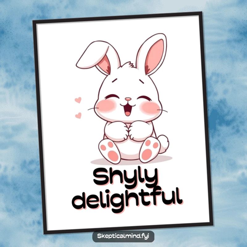 Funny Digital Art Print: A blushing bunny giggles behind its paws, ears flopped, capturing a moment of pure adorable shyness.