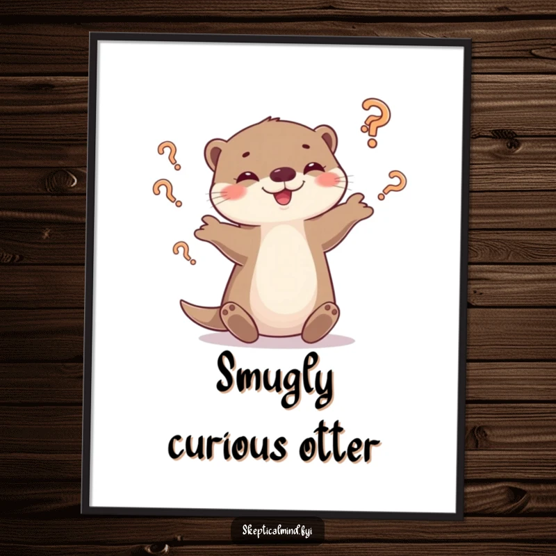 Funny otter digital art print of a playful otter juggling tumbling question marks with a smirk, symbolizing playful inquiry.