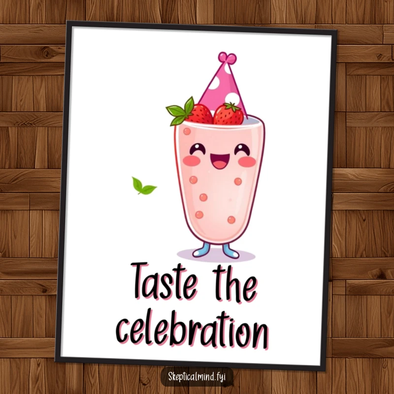 Funny digital art print of a joyful berry smoothie character wearing a tiny party hat, ready to bring festive cheer.