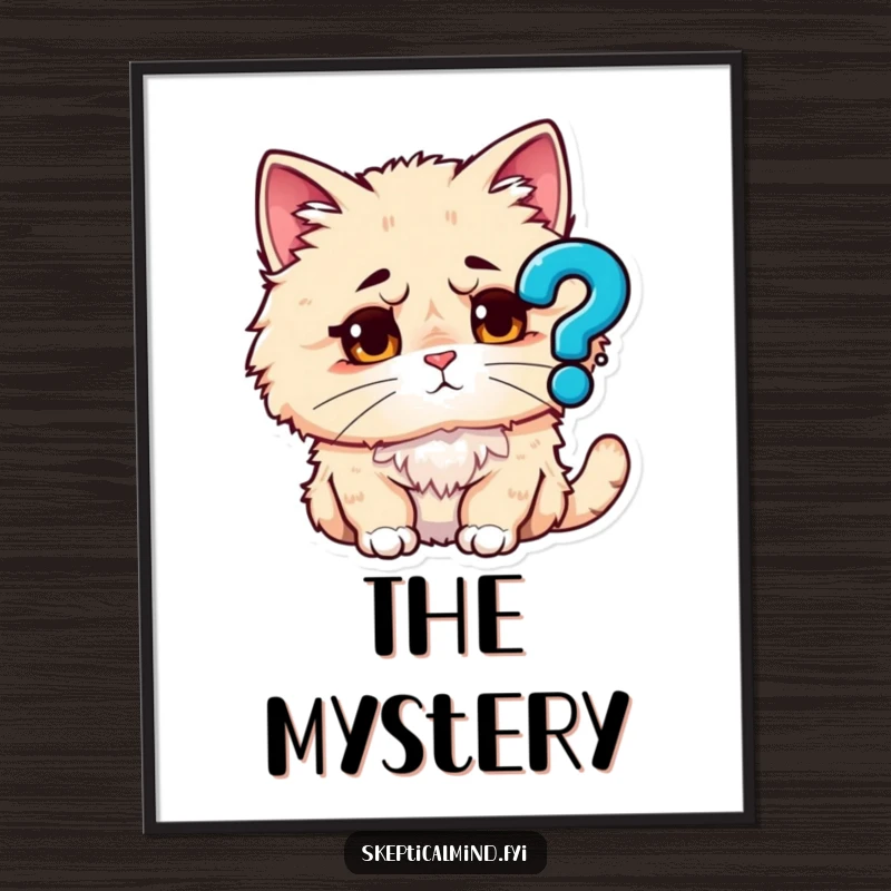 Funny digital art print: A fluffy cat with a deeply puzzled expression, staring intently at a floating question mark icon.