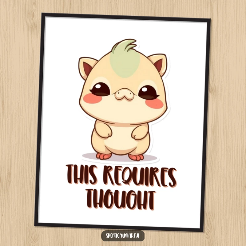 Funny small Kawaii creature tilting its head with a comically skeptical expression, rendered as a high-resolution digital art print for instant wall decor.