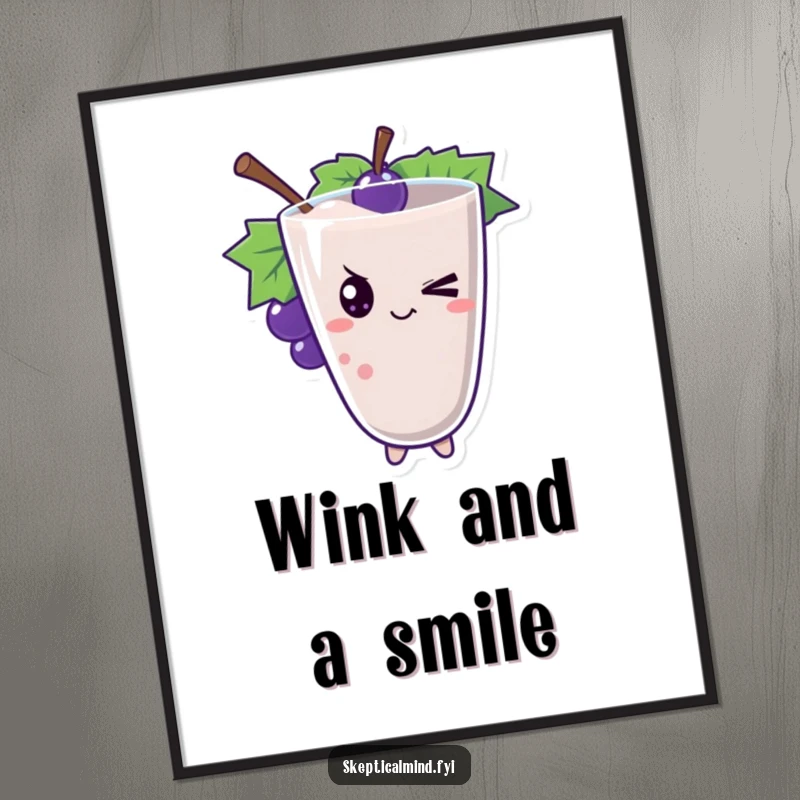 Funny grape smoothie character with a signature mischievous wink, ready as a downloadable digital art print.