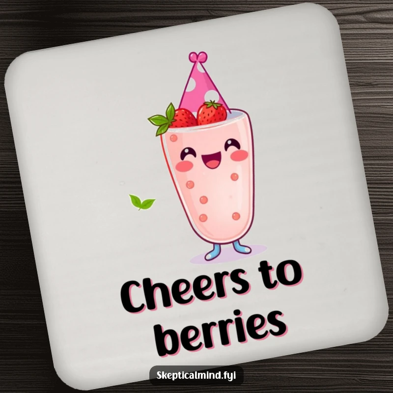 Funny drink coaster featuring a joyful berry smoothie character wearing a tiny party hat, protecting surfaces with festive humor.