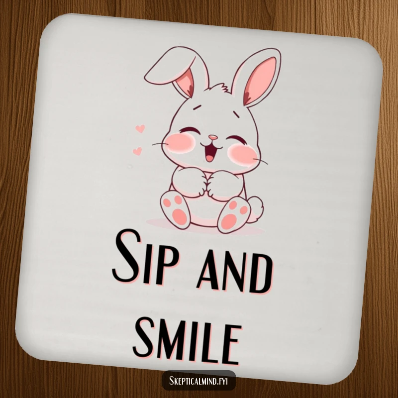 Funny Drink Coaster: A blushing bunny giggles behind its paws, ears down, a cute and protective addition to any table.