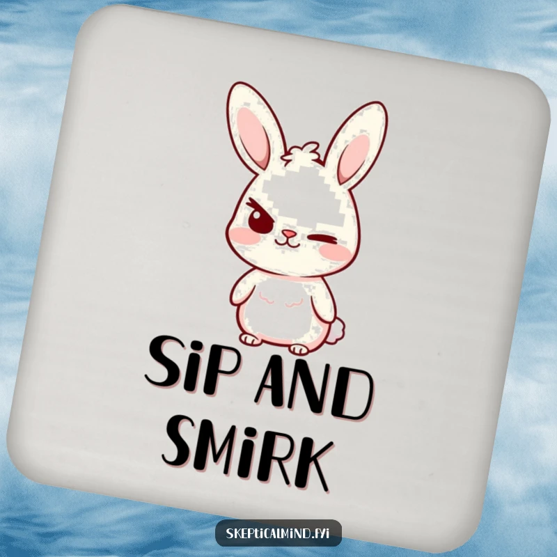 Funny Drink Coaster with a small bunny character giving a confident smirk and raising one eyebrow, perfect for adding flair to any table.