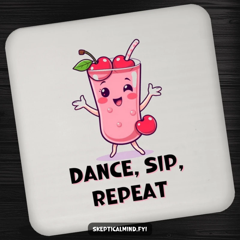 Funny Cherry smoothie character doing a playful dance, featured on a protective and funny drink coaster.