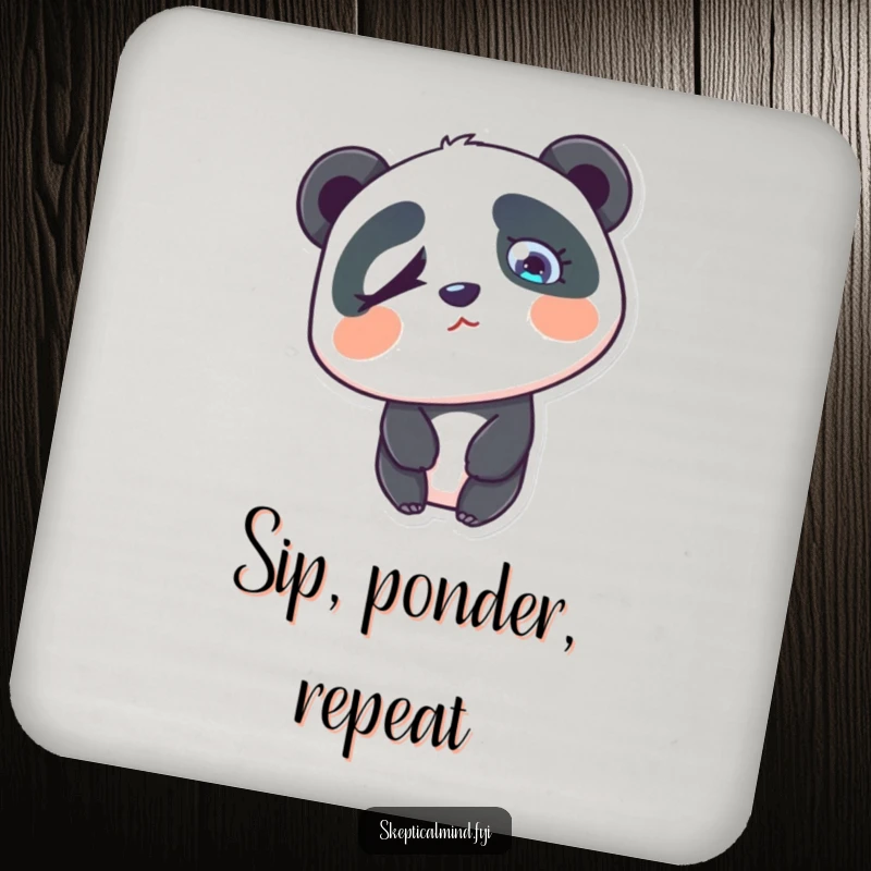Funny confused panda drink coasters with a panda tilting its head, one eyebrow raised in a humorous pose.