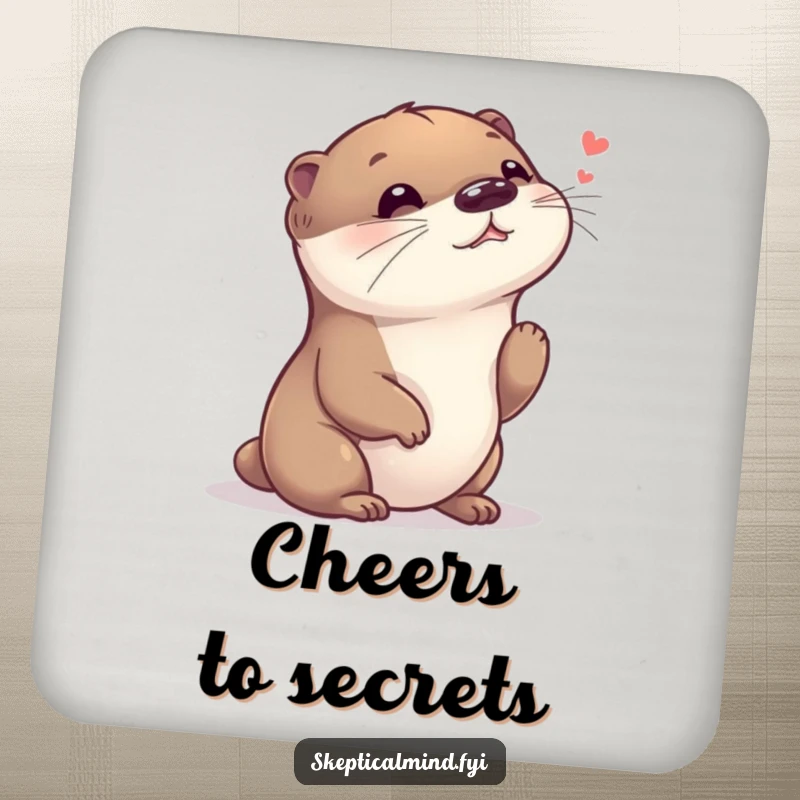 Funny drink coaster with a giggling otter listening intently, ready to share a secret, adding humor to your drink station.