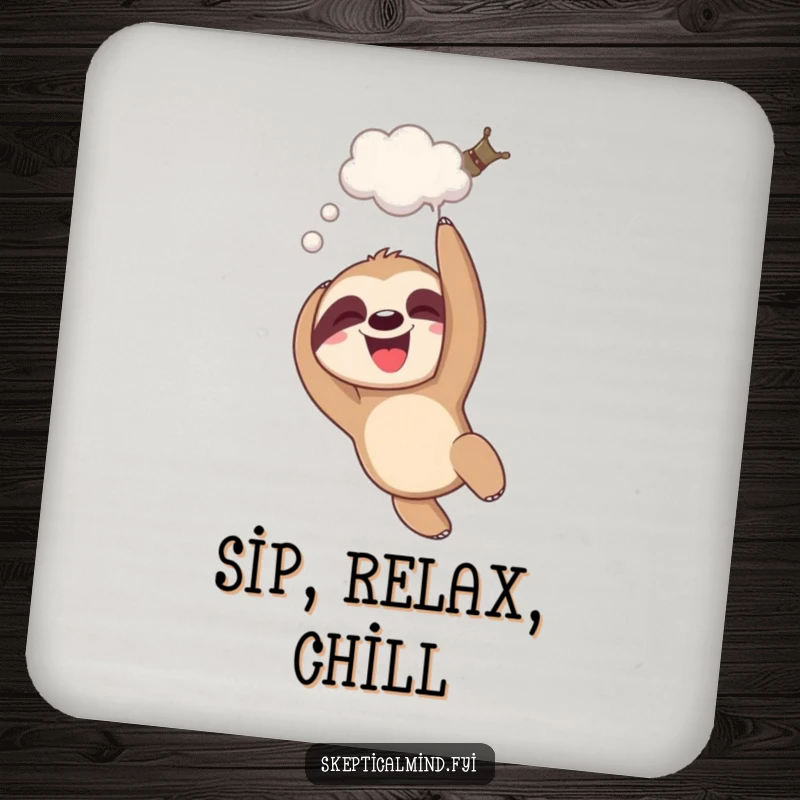 Funny giggling sloth drink coasters with a sloth dangling upside down and a thought bubble, adding humor and protection.
