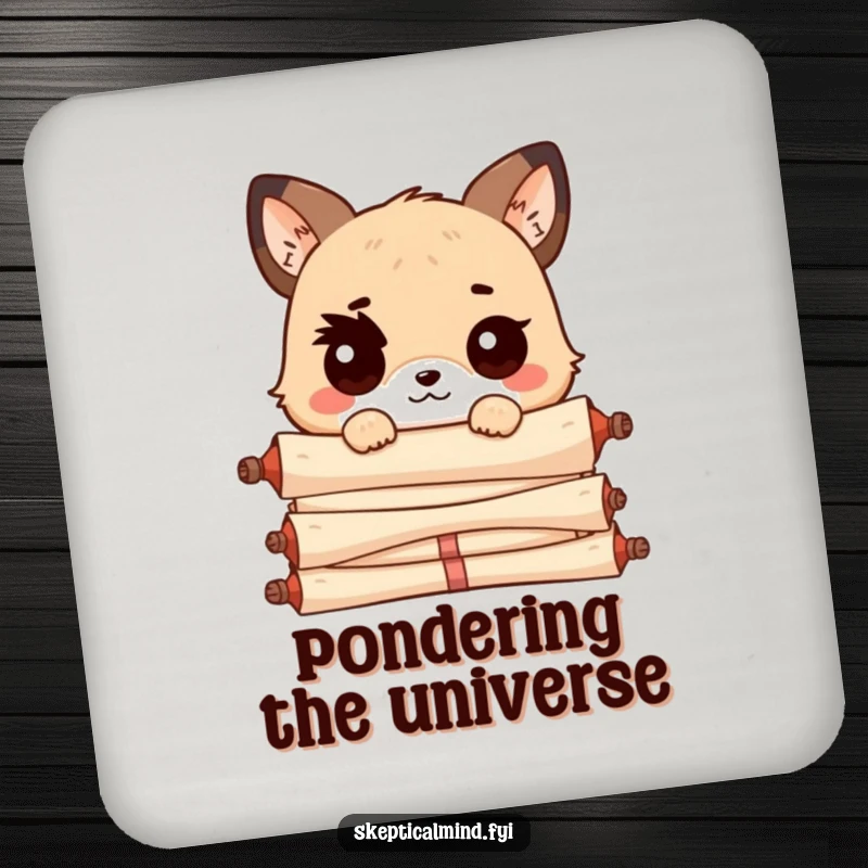 Funny Kawaii animal with a raised eyebrow, peeking over a pile of scrolls, serving as a humorous and protective drink coaster.