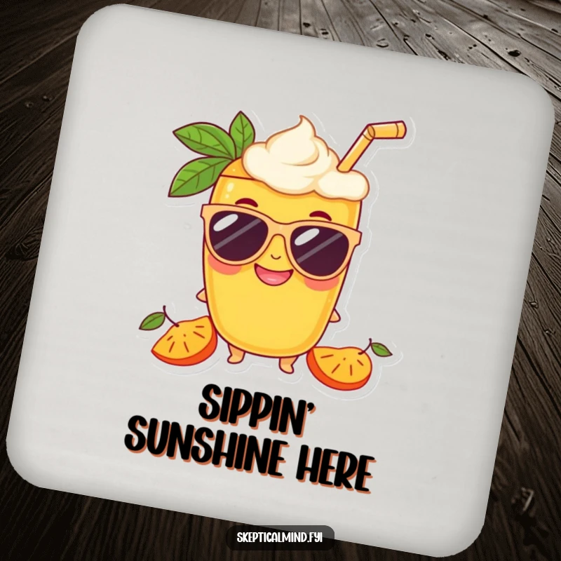 Funny Mango smoothie character in oversized sunglasses with a grin, featured on a protective and funny drink coaster.