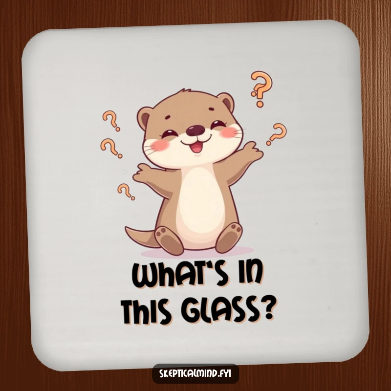 Funny otter coaster featuring a playful otter juggling question marks with a smirk, adding playful humor to drink service.