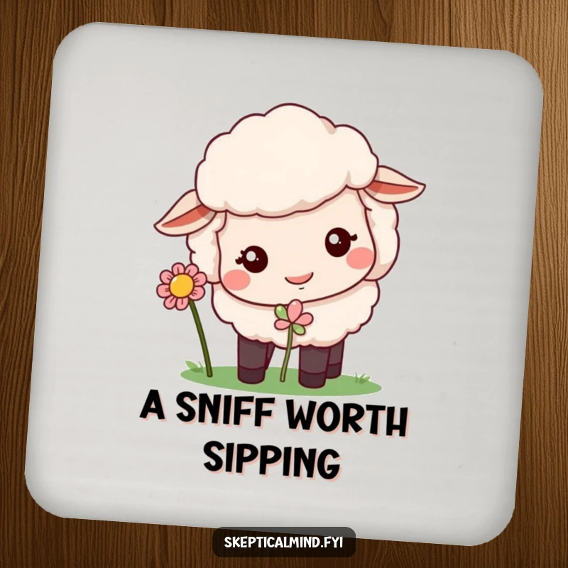 Funny drink coasters featuring a quizzical sheep sniffing a flower, protecting surfaces with humor.