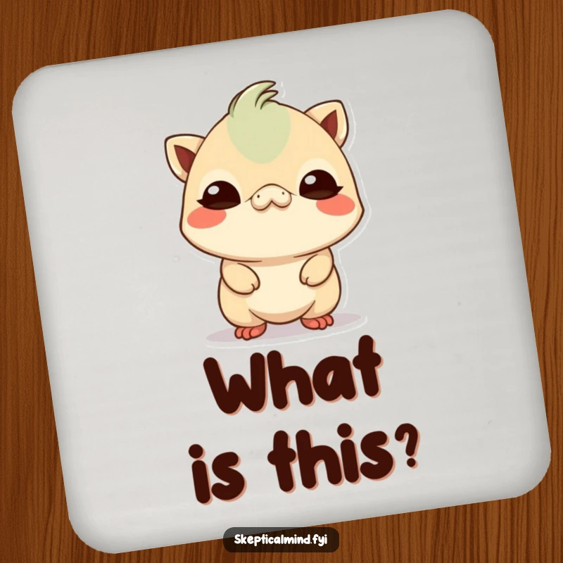 Funny small Kawaii creature tilting its head with a comically skeptical expression, serving as a humorous and protective drink coaster.