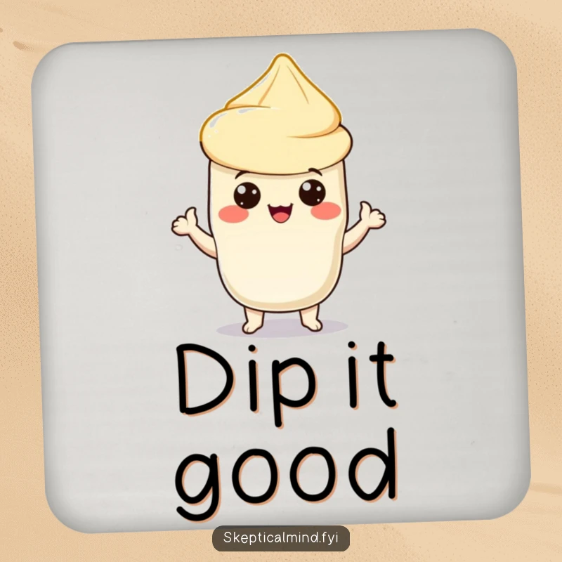 Funny drink coaster with a proud sour cream character presenting a chip, adding a humorous touch to coffee tables and bar areas.