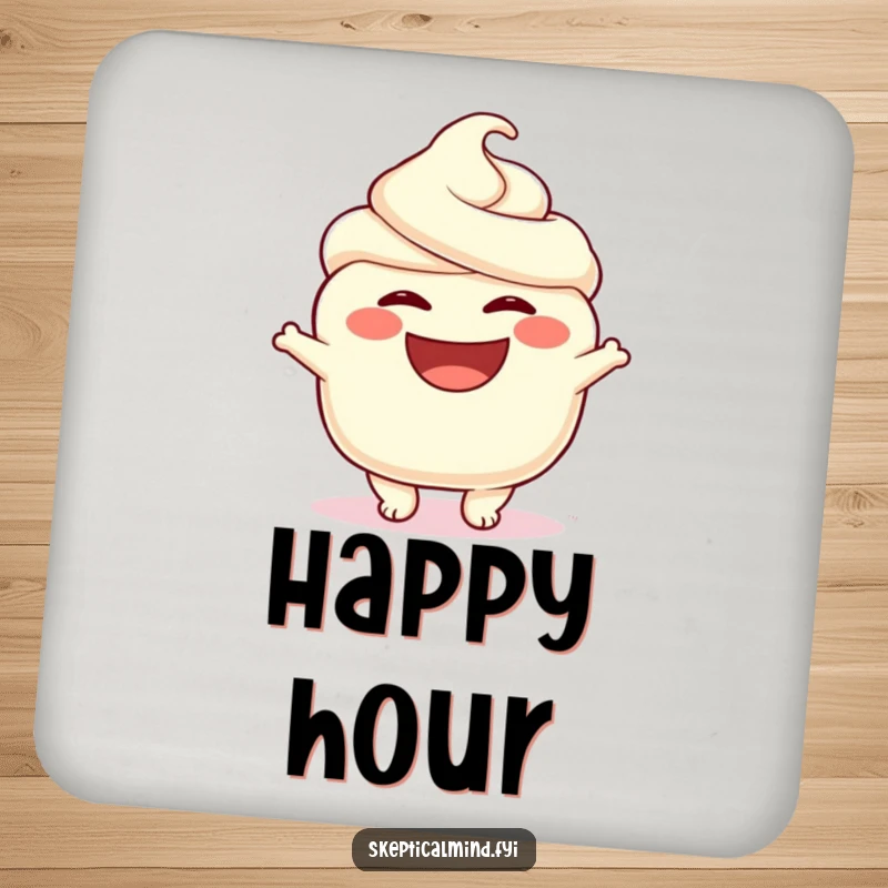 Funny drink coaster depicting a smiling sour cream character, adding a cheerful and humorous touch to beverages and tabletops.