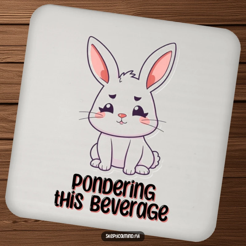 Funny bunny coaster featuring a perky rabbit with ears perked and furrowed brows, adding thoughtful humor to drink service.