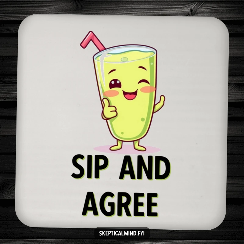 Funny drink coaster featuring a giggling kiwi smoothie character giving a silly thumbs-up, protecting surfaces with cheerful humor.
