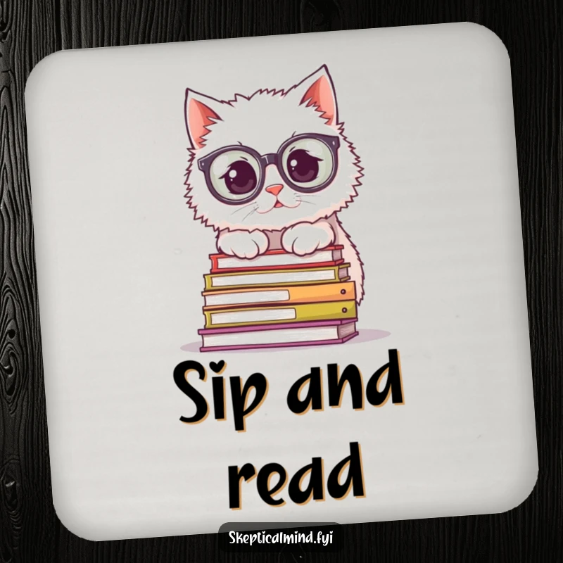 Funny Coasters: A fluffy cat with oversized glasses peers out from behind books, adding humorous protection and scholarly charm to tabletops.