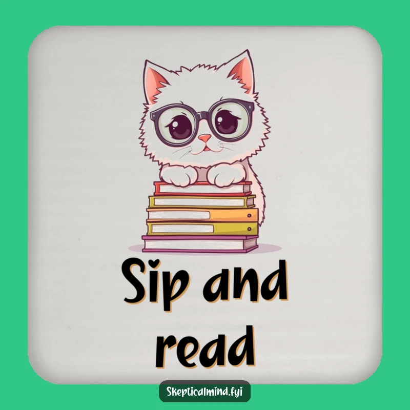 Funny Cat Coasters: Set of coasters featuring bookish cat and glasses, protecting surfaces humorously.