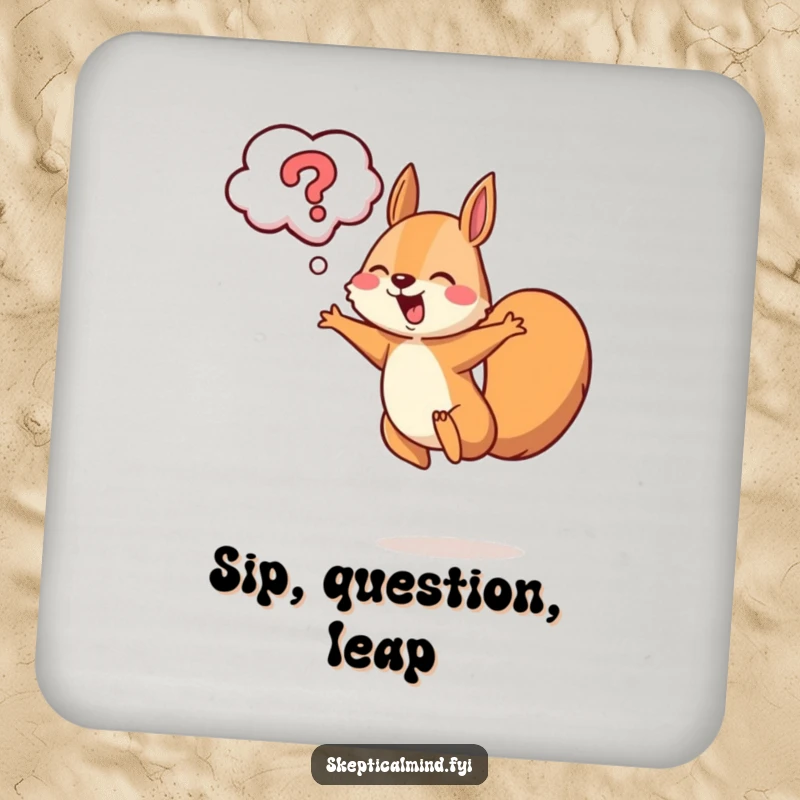 Funny squirrel drink coasters showing a cheerful squirrel leaping with a question mark cloud above, adding humor.