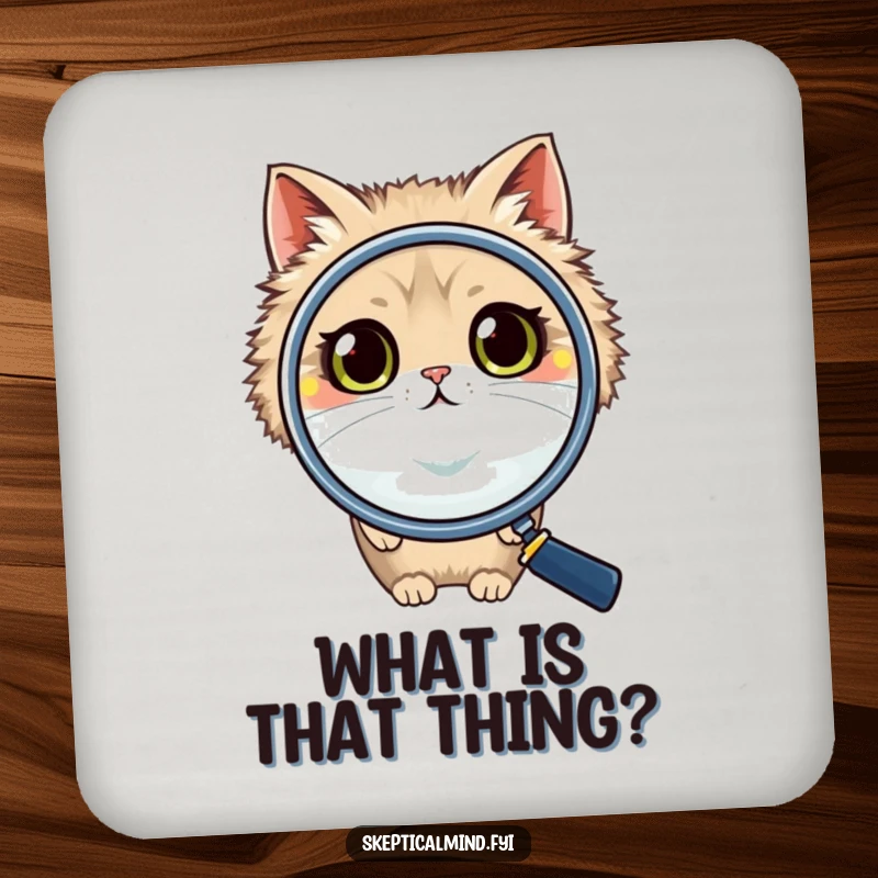 Funny cat drink coaster featuring a fluffy cat using a giant magnifying glass, its wide, questioning eyes humorously surveying your drink's surroundings.