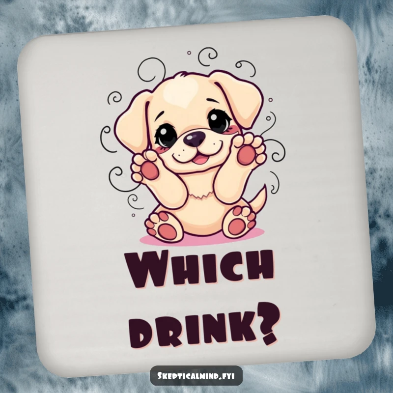 Funny drink coaster with a playful puppy with paws up, surrounded by indecision lines, adding humor to your drink station.