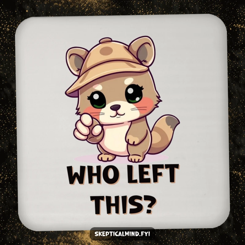 Funny Kawaii animal wearing a deerstalker hat, pointing an accusatory paw, serving as a humorous and protective drink coaster.