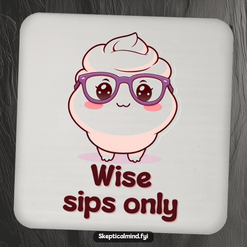 Funny drink coaster featuring a delighted sour cream character in oversized glasses with a silly grin, adding a smart touch to any table.