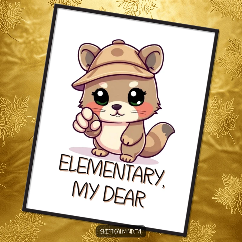 Funny Kawaii animal wearing a deerstalker hat, pointing an accusatory paw, perfect for adding a touch of humorous detective flair to wall decor.