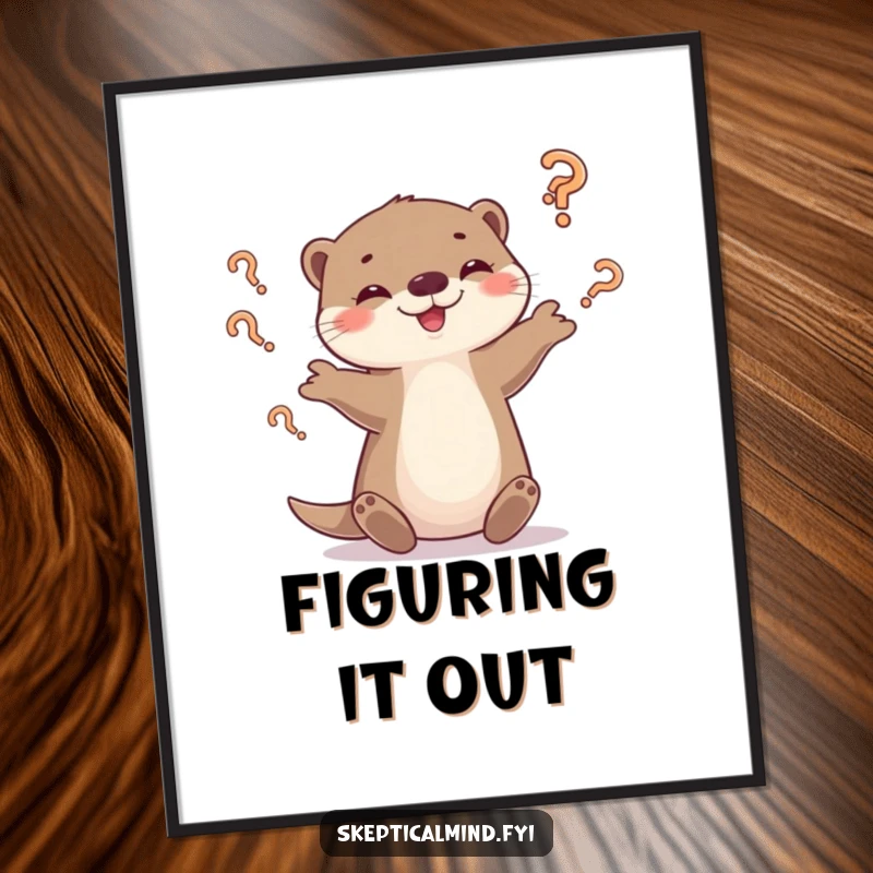 Funny otter poster showing a playful otter juggling tumbling question marks with a smirk, symbolizing intellectual play.