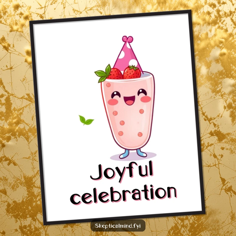 Funny poster art of a joyful berry smoothie character wearing a tiny party hat, radiating cheer and a love for celebrations.