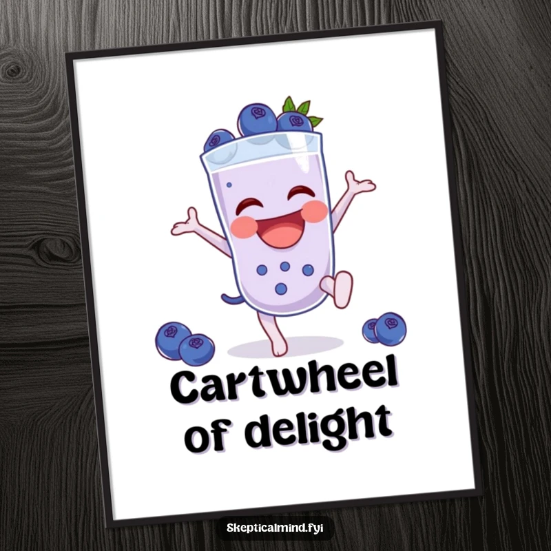 Funny Blueberry smoothie character doing a lively cartwheel, presented as energetic wall art poster.