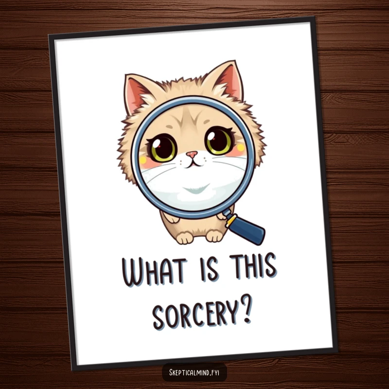 Funny cat poster showing a fluffy cat looking through a massive magnifying glass, its wide, questioning eyes hinting at a humorous, secret discovery.