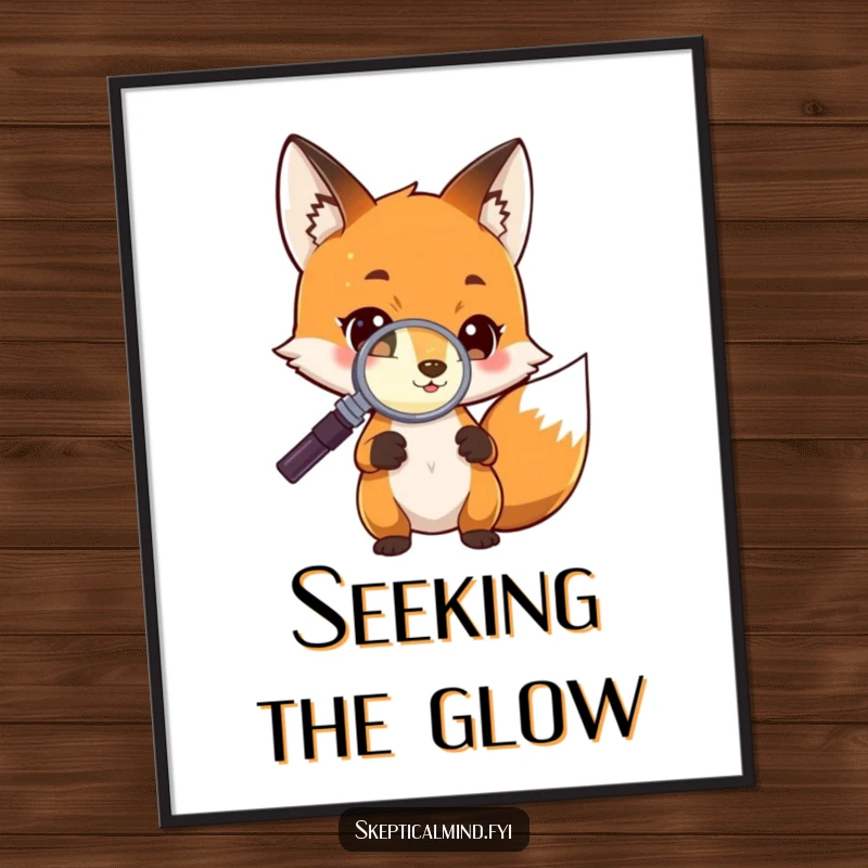 Funny Poster featuring a curious fox character using a magnifying glass to closely inspect a tiny, softly glowing object, suggesting discovery.